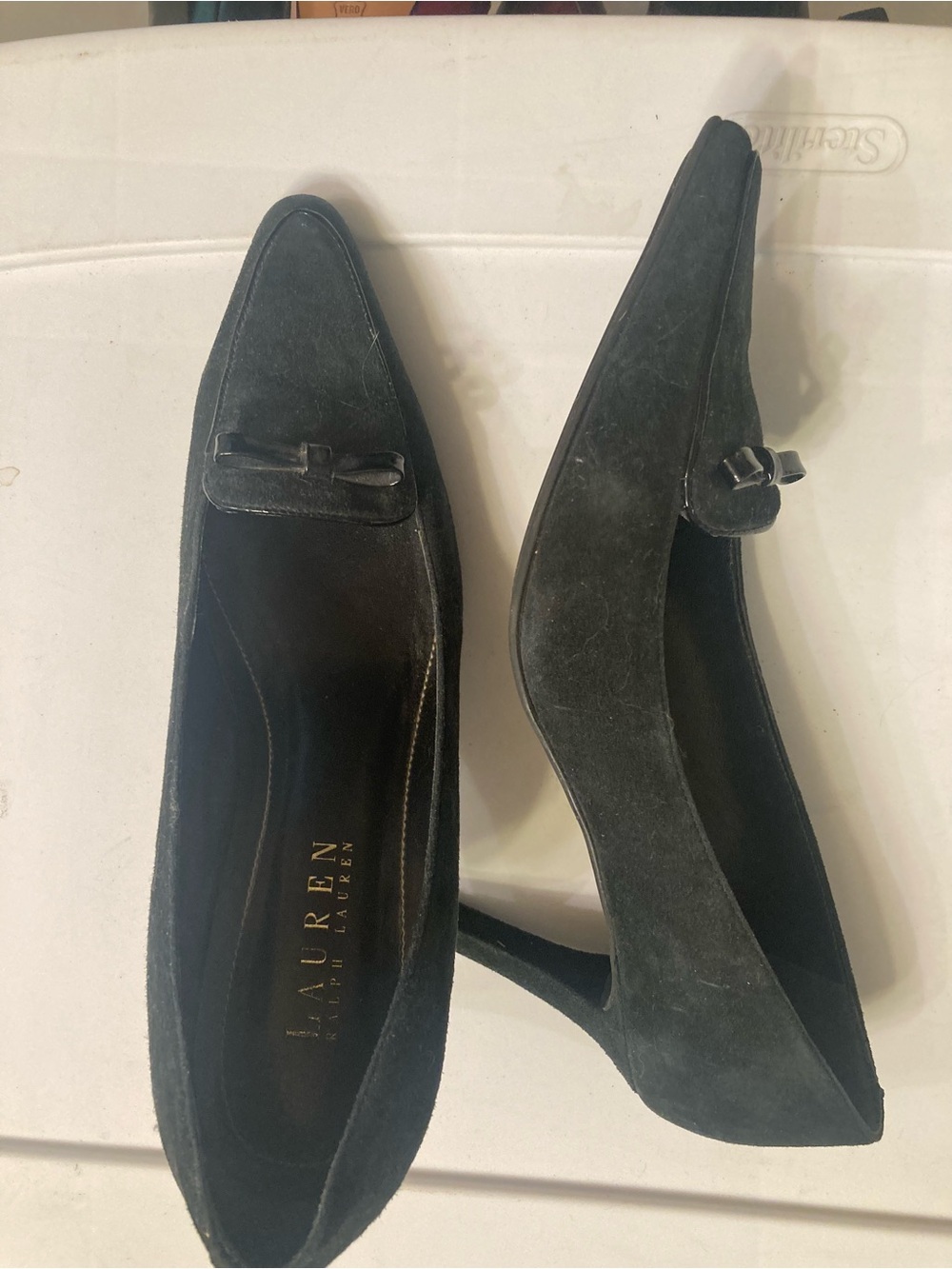 Lauren Ralph Lauren Black Suede Pointed Toe Bow Kitten Heels